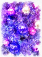 purple christmas tree and purple gold decorative balls watercolor style illustration impressionist painting.