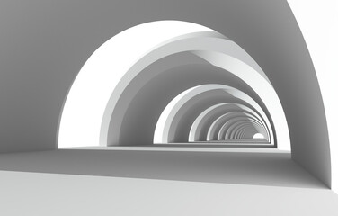White empty interior. Gallery. Futuristic empty long light Sci-Fi tunnel. Circles. Template for design. Modern architectural presentation concept. 3D render. Shadow. Light. Wall. Floor. Perspective.