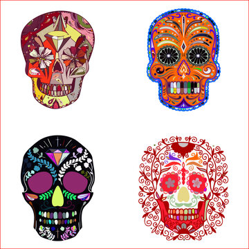  Colorful Mexican Skulls. Set Of Four