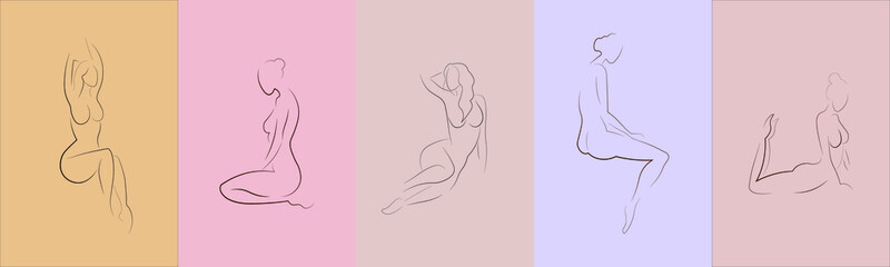 Set of Abstract minimalistic female figure. Vector fashion illustration of the female body in a trendy linear style.For posters, tattoos, logos of underwear stores.Hand drawn abstract feminine print.