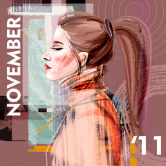 Calendar sheet month of November 
 any year. the girl is beautiful with dark hair and closed eyes on an abstract background