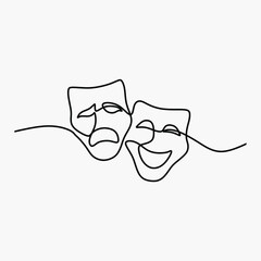 theater mask tragedy and humor oneline continuous line art