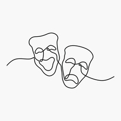 theater mask tragedy and humor oneline continuous line art