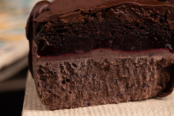 Chocolate cheese cake eskimo on pottery plate on the black background