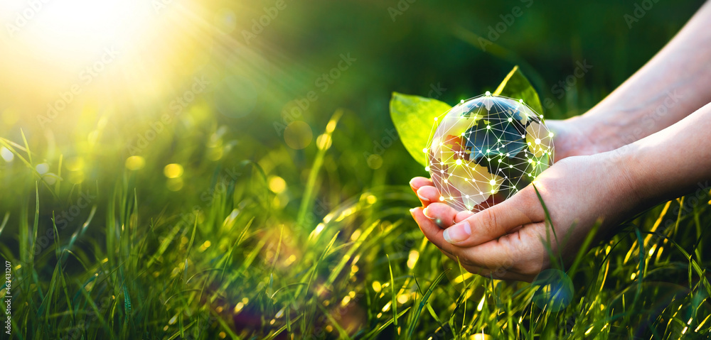 Poster global communication network. hands holding crystal earth globe and circle global network connection