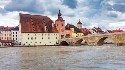 Regensburg. View of the old city embankment along the Danube.