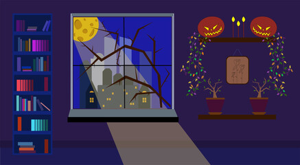 dark room with bookshelf and pumpkins lit by moonlight