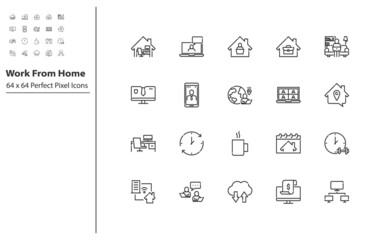 set of work from home thin line icon, video conference,  online meeting, freelance