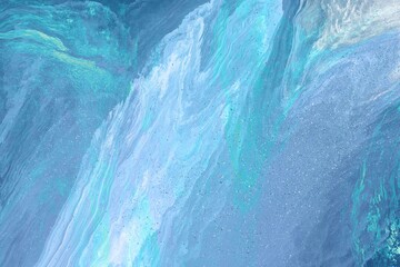 abstract fluid art with color splashes and paint layers, blue turquoise teal liquid art, ocean water background, watercolor painting 