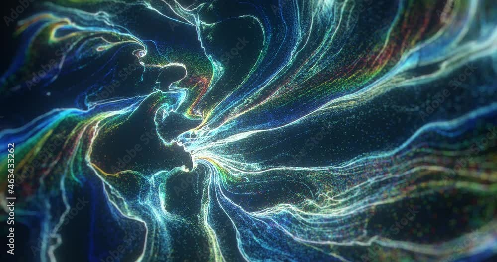 Poster abstract motion background shining liquid particles. organic network of mesh waving and swirling on 
