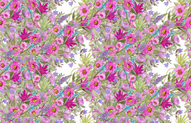 bizarre seamless texture with different abstract color flowers. watercolor painting