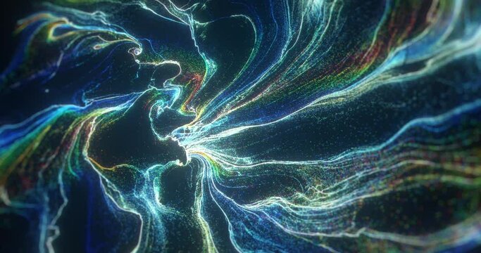 Abstract motion background shining liquid particles. Organic Network of Mesh Waving and swirling on black Background. Seamless 4K loop