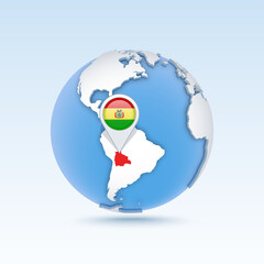 Bolivia - country map and flag located on globe, world map.