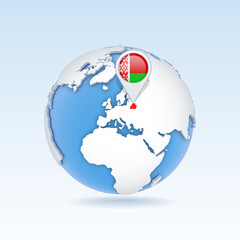 Belarus - country map and flag located on globe, world map.