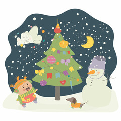 A little girl playing outside near the Christmas tree. The girl and the dog are happy about winter and the snowman. Vector isolated illustration in cartoon style. For print, web design.