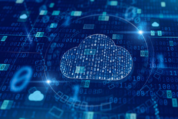 Cloud storage and cloud computing concept. Data processing technology glowing illustration on blue digit background.