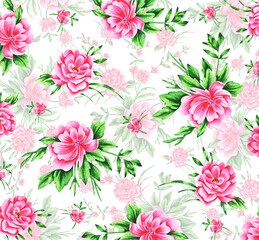 Flower pattern. Pink bouquets peonies. Idea for textiles, prints, packaging, wallpaper and more. Watercolor. Botanical painting.  
