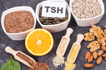 Inscription TSH with fruits, vegetables and ingredients as best food for healthy thyroid. Natural eating containing vitamins