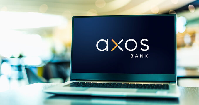 Laptop computer displaying logo of Axos Bank