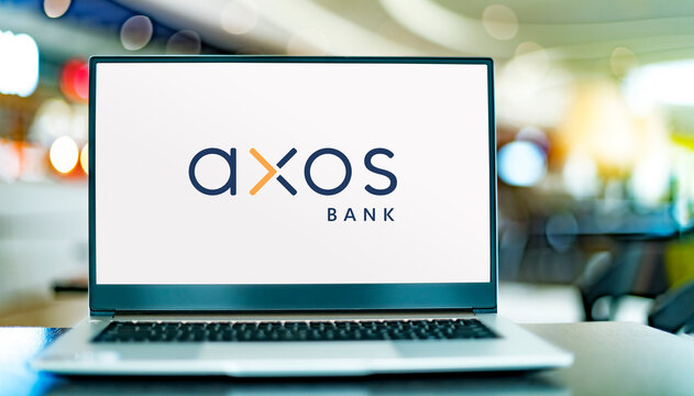 Laptop computer displaying logo of Axos Bank