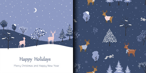Merry Christmas and Happy new year greeting card with seamless pattern,animals wildlife on winter night theme © pakatip