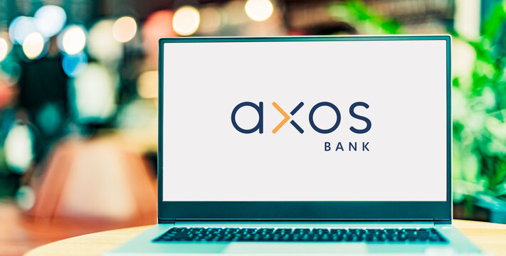 Laptop computer displaying logo of Axos Bank
