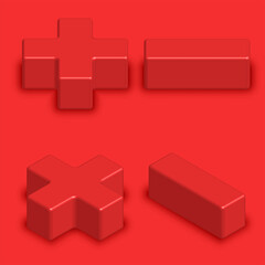 Mathematics signs red color 3d creative isometric shape, plus minus multiply divide set math symbols for arithmetic calculator.