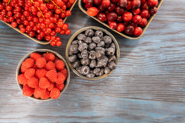 fresh berries. Assortment of raspberry, blueberry, cranberry, redcurrent