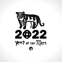 Year of the Tiger 2022. Logo with a black tiger. Calligraphy brush and ink. Tiger Zodiac symbol. Chinese New Year Greeting Card. Pattern tiger vector illustration. 