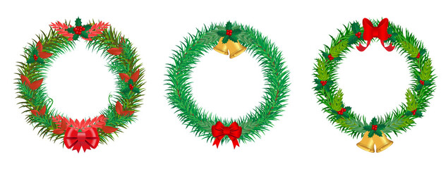 set of realistic christmas wreath garland ornament isolated or christmas decoration wreath with golden bells and red bow ribbon or merry christmas decoration. eps vector