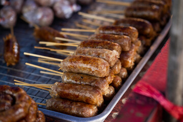 Thai sausage, pork and steamed rice ingredients grill It is a very popular street food dish in Thailand.