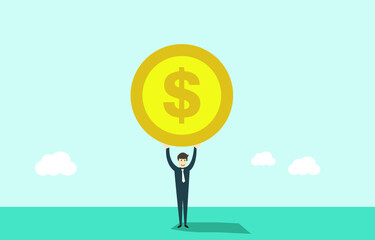 Businessman and big gold dollar coin over his head, vector illustration