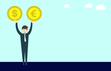 Businessman can choose, dollar or euro gold coin, vector illustration 