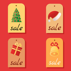 Stickers Christmas sale. Christmas tree, Santa Claus hat, gift box, bell with a bow. Colored labels on a red background.