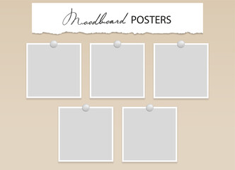 Square Blank photo cards on pins. 5 empty posters or paper sheets for note with white border. Mood board template. Vector realistic Mockup. EPS10. 