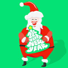 Cartoon fun Santa with Happy New Year lettering isolated on white background. 2022 template for greeting card.