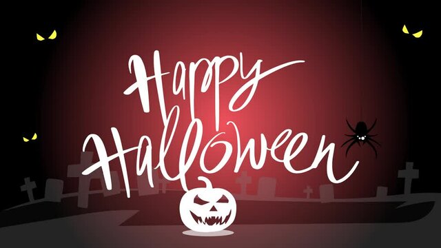 Design banner for Halloween with animated handwritten calligraphy title Happy Halloween, pumpkin, cemetery, tombstone, bats, eyes and spider.