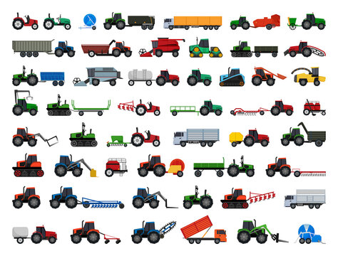 Vector collection of agricultural machinery and transport. Detailed illustrations of special vehicles.