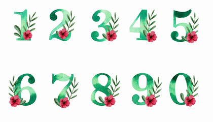 A set of green numbers with pink flowers. Watercolor illustration. Plants. Nature. Invitations. Print. Beautiful. Cute. Season. Blossom. Green. Holidays. Font. Wedding.