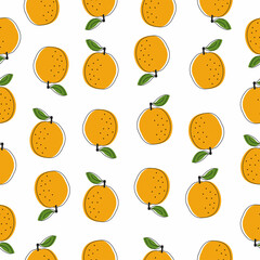 Seamless pattern with orange on white background. Citrus fruit flat vector illustration