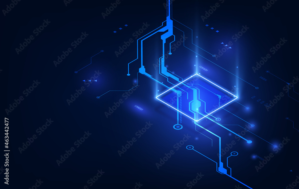 Poster abstract technology chip processor background circuit board and html code,3d illustration blue techn