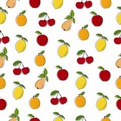 Seamless pattern with summer fruits. Lemon, orange, pear, apple, cherry on white background. Flat vector illustration