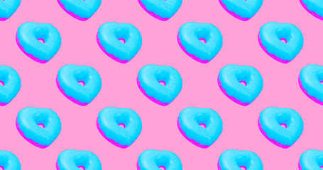 Seamless 3d render pattern. Banner. Minimal design. Donuts Heart, sweet candy shop, Valentine's Day, party concept