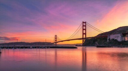 Golden Gate Bridge at sunset from a marina