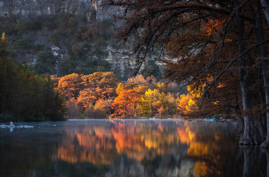 Landscapes of Texas Hill Country in the fall, autumn, season changing, outdoors, river, camping