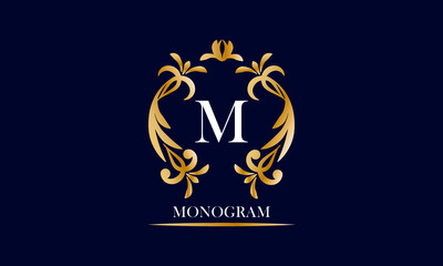 Golden elegant monogram on a black background with the inscription and the letter M in white. Vector heraldic illustration. Luxury ornament sign, restaurant, boutique, cafe, hotel