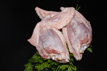 Delicious turkey wings. Organic turkey meat with greens
