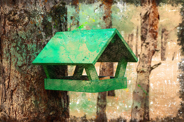 Green bird feeder on a thick tree trunk. Wooden bird and squirrel feeder. Caring for animals.