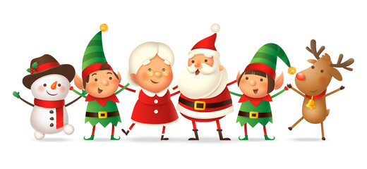 Obraz na płótnie Canvas Cute friends Santa Claus, Mrs Claus, Elfs girl and boy, Reindeer and Snowman celebrate Christmas holidays - vector illustration isolated