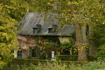 La Maison du Meunier ,l'un des bâtiments de l'abbaye du Rouge-Cloître dissimulée dans la végétation luxuriante en automne en pleine forêt de Soignes à Auderghem